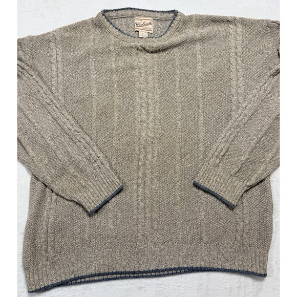 Woolrich VTG Men's LG Cable Knit Sweater Made in USA Tan Navy Blue Trim